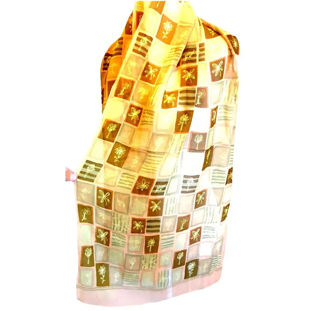 VTG Silk Chiffon Scarf Abstract Geometric Floral Designer Luxury Sheer Elegant